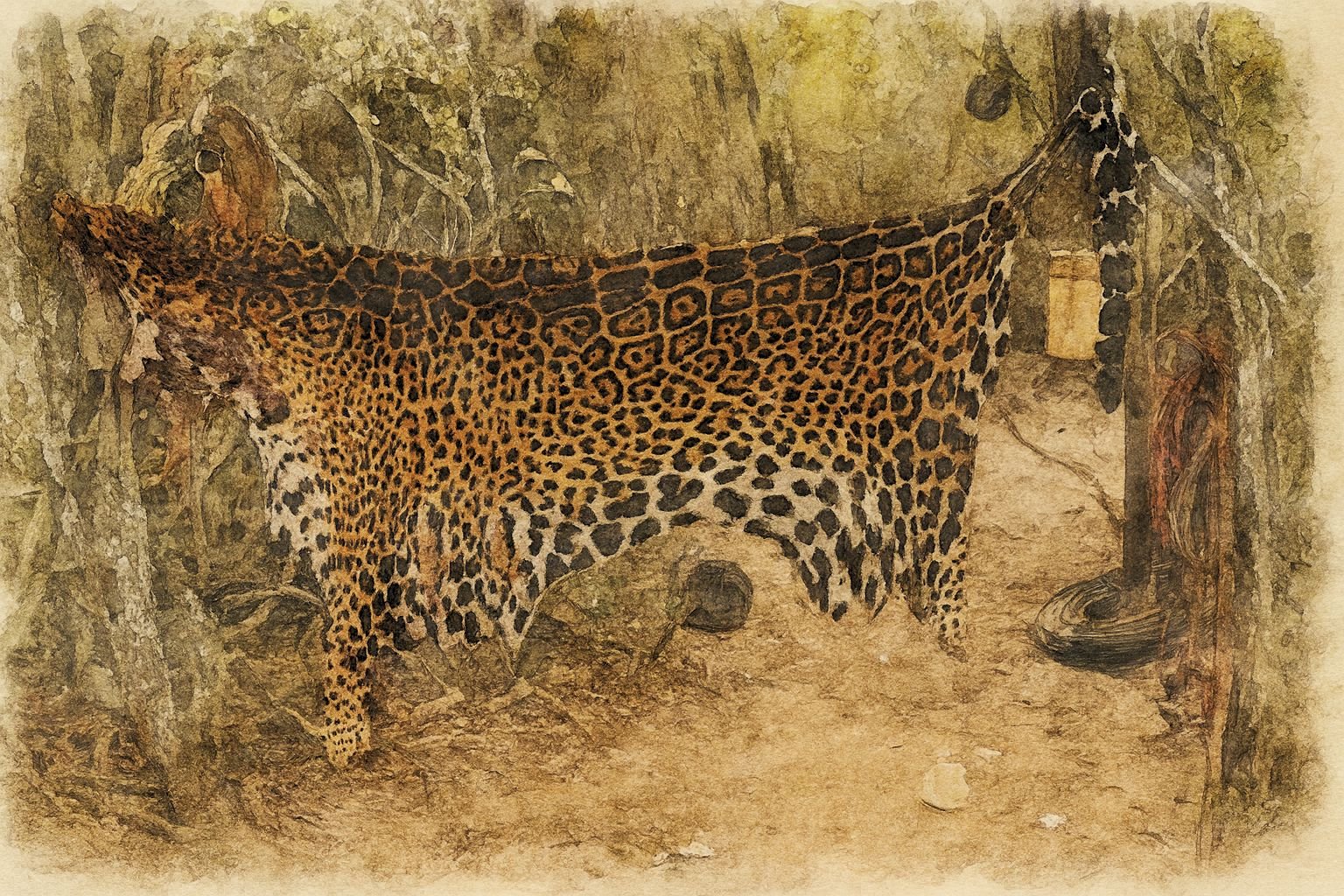 Agentes federales inspeccionan el campo allanado donde se hallaron pruebas de la caza del yaguareté.